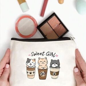 Sweet Girl Cat Canvas Makeup Travel Bag